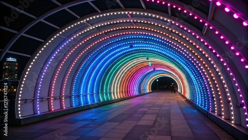 Colorful LED lights creating a hypnotic glow in a futuristic tunnel, hypnosis-inducing light, radiant spectrum, glowing pathway