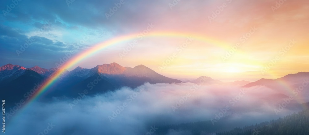 Majestic rainbow arching over misty mountains at dawn with serene sky and ample space for text or branding elements. Majestic rainbow arching over misty mountains at dawn with serene sky and ample space for text or branding elements.