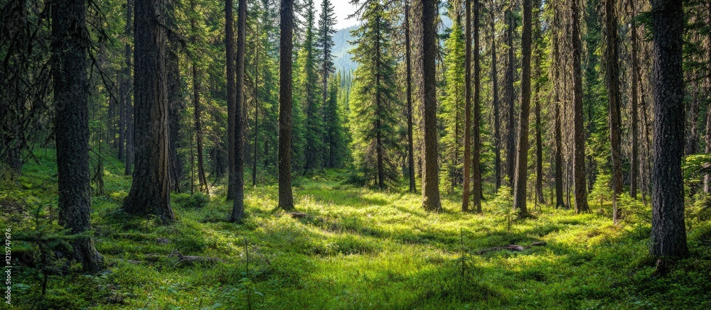 Obraz premium Serene forest landscape with towering fir trees and lush greenery providing ample copy space for text or marketing content