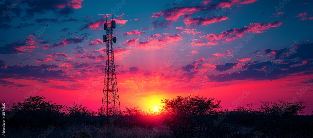 Fototapeta premium Sunset over African savanna with telecommunication tower. Wallpaper, website background