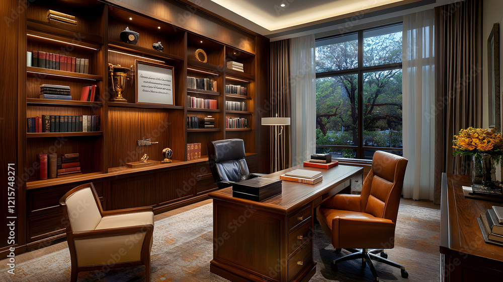 Sophisticated study room with wooden furnishings and a tranquil atmosphere. Sophisticated study room with wooden furnishings and a tranquil atmosphere.