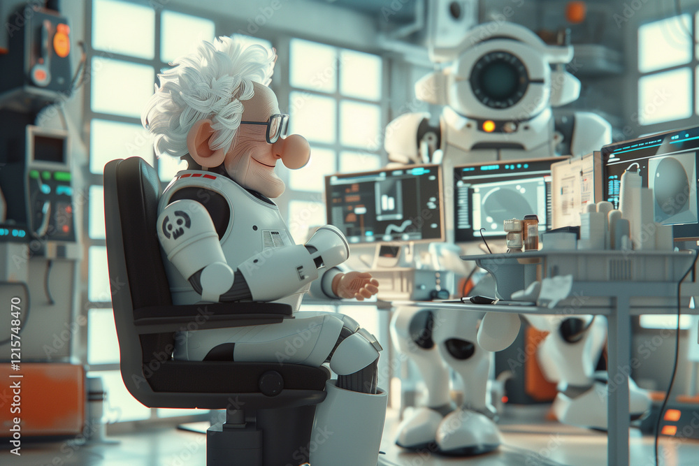 Humanoid robot senior engineer at robotics company seated at workstation with multiple monitors surrounded by advanced technology. Humanoid robot senior engineer at robotics company seated at workstation with multiple monitors surrounded by advanced technology.