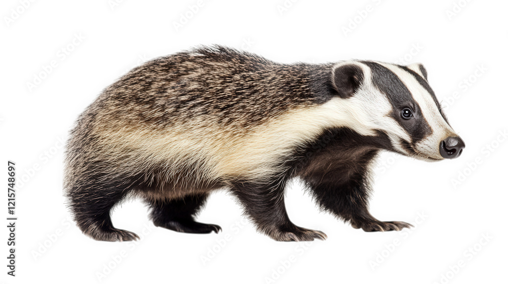 Fototapeta premium side profile of a badger. showcasing its distinctive black and white facial markings and thick fur the animal stands on a white background. emphasizing its features and texture this portrayal highligh
