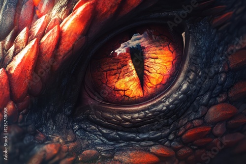 Close-up view of a dragon's eye highlighting intricate scales and fiery colors