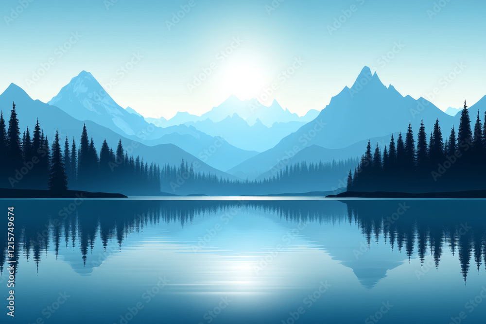 Serene mountain lake with pine trees and reflections Serene mountain lake with pine trees and reflections