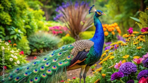 Wallpaper Mural Vibrant Peacock Displays Stunning Blue and Green Feathers Amidst a Lush Garden Setting, Capturing Nature's Beauty and Wildlife Diversity in a Captivating Documentary Style Torontodigital.ca