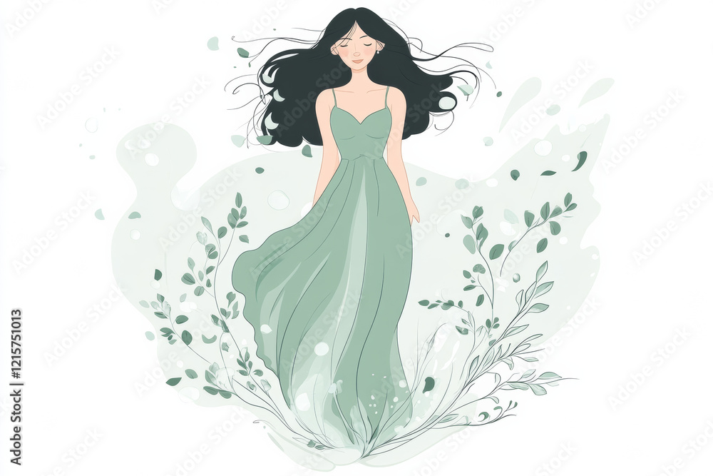 Elegant woman in flowing green dress with floral accents Elegant woman in flowing green dress with floral accents