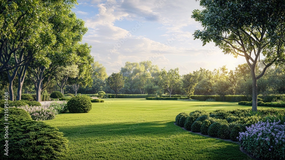 Fototapeta premium Serene Garden Landscape at Sunrise: A Breathtaking Vista of Lush Greenery and Tranquil Beauty