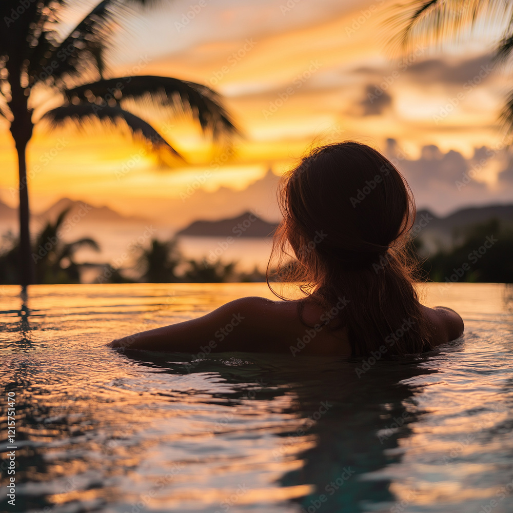 Fototapeta premium Relaxing in an Infinity Pool at Sunset with Scenic Tropical Views