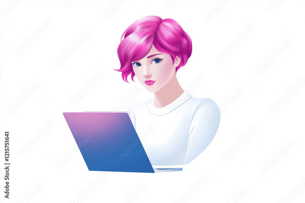 Woman with pink hair using laptop, focused expression Woman with pink hair using laptop, focused expression