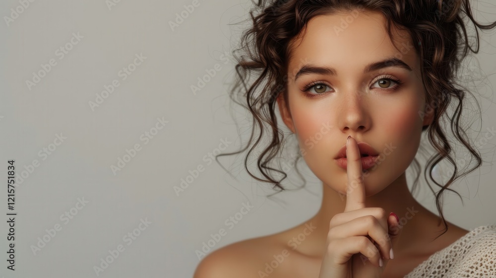 A woman gestures for silence, immersed in mystery and indecision, surrounded by peaceful grey tones. Perfect for your banner. A woman gestures for silence, immersed in mystery and indecision, surrounded by peaceful grey tones. Perfect for your banner.