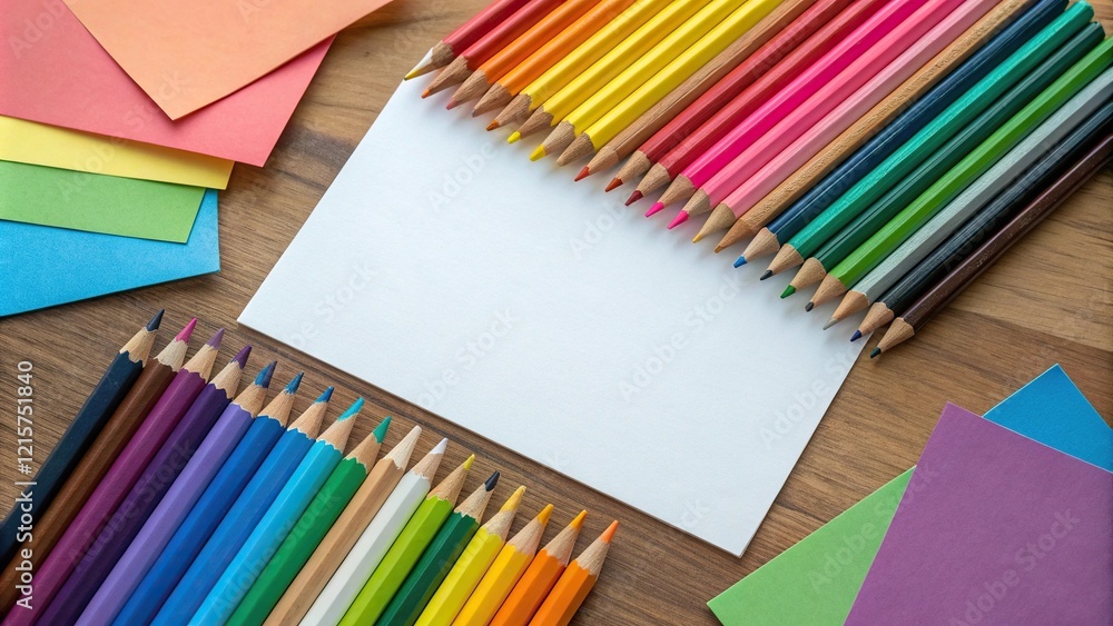 Fototapeta premium Colorful pencils arranged on a wooden board with various shades of colored paper scattered around them, crayons, desk accessories