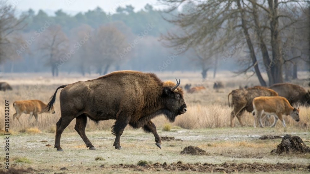Aurochs roaming in the wild with other animals, wildlife, nature scenery Aurochs roaming in the wild with other animals, wildlife, nature scenery
