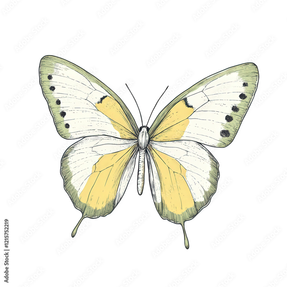 Obraz premium beautifully illustrated butterfly with delicate wings showcasing a blend of yellow and green colors. highlighted by intricate black dots along the edges its detailed design emphasizes the elegance of