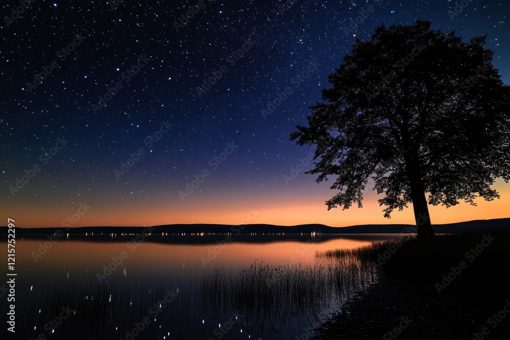 Naklejka premium Starry Night Lake Landscape with Silhouetted Tree