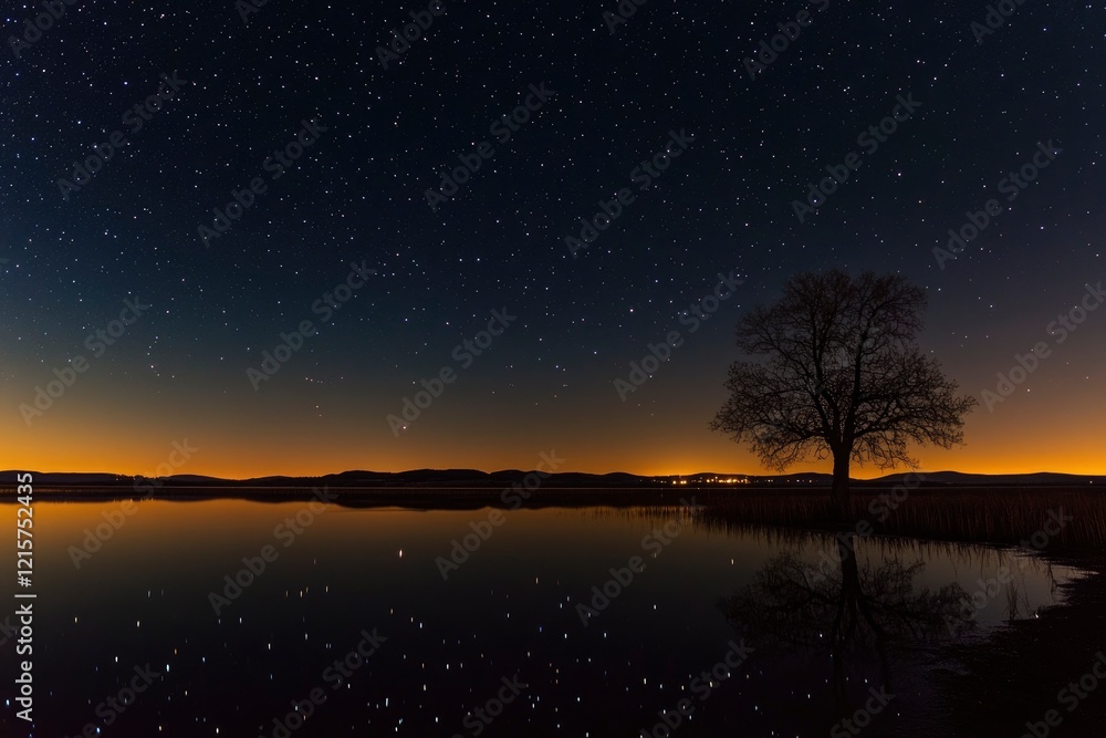 Fototapeta premium Night Lake Landscape Starry Sky Tree Reflection
