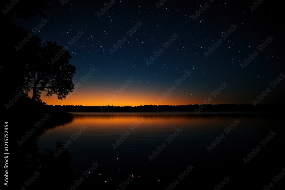 Serene Night Lake Landscape with Starry Sky Serene Night Lake Landscape with Starry Sky