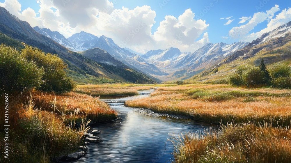 Naklejka premium Serene Mountain River Valley Landscape: Breathtaking Autumn Scenery