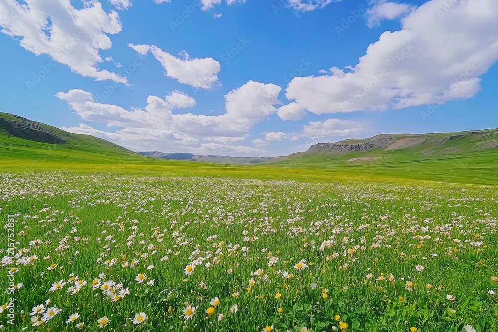 Fototapeta premium Stunning Daisy Field Landscape Under Blue Sky