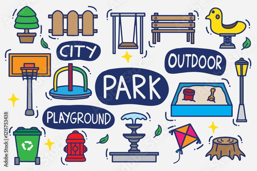 set of park doodle with color good for background, icon, element design, sticker, etc