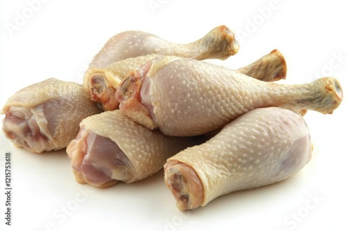 Fresh Raw Chicken Drumsticks Piled on White Background, Ideal for Cooking, Meal Preparation, and Culinary Projects, Showcasing Lean Protein Source for Healthy Diet photo