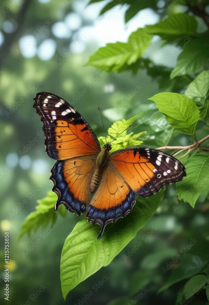 Beautiful butterfly resting on a green leafy branch, idyllic scenery, green branches Beautiful butterfly resting on a green leafy branch, idyllic scenery, green branches
