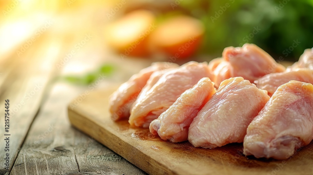 Fresh Raw Chicken Wings on a Wooden Cutting Board Ready for Cooking with Natural Light and Ingredients in the Background Fresh Raw Chicken Wings on a Wooden Cutting Board Ready for Cooking with Natural Light and Ingredients in the Background