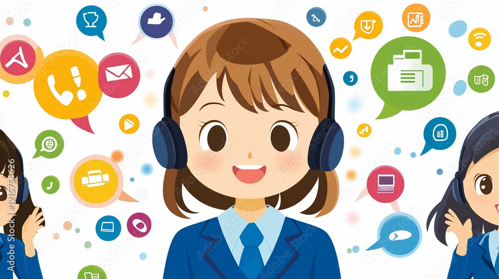 Happy customer service agents with tech icons. Happy customer service agents with tech icons.