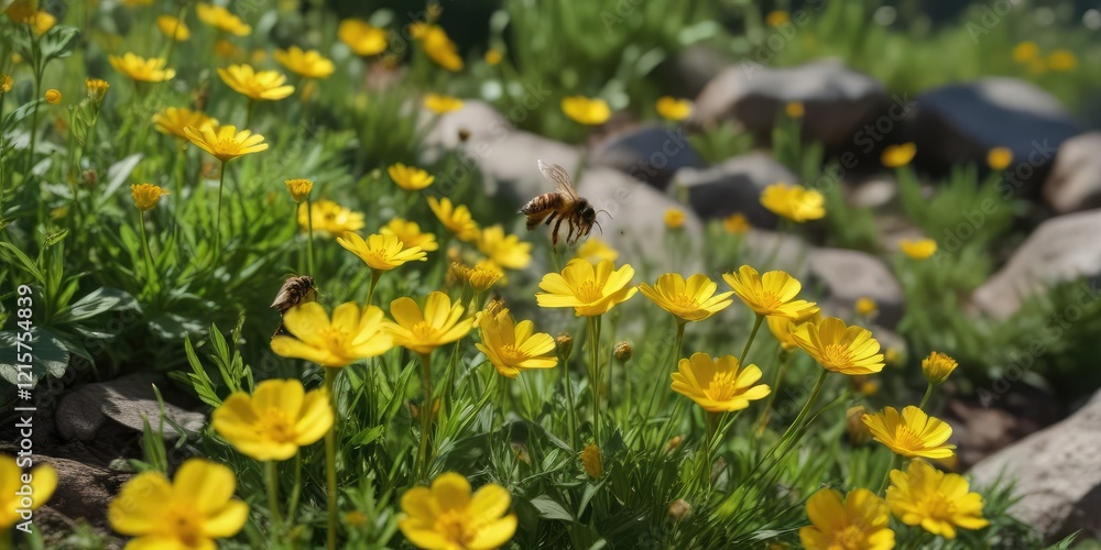 Bees collecting nectar from a patch of yellow buttercups, dandelions, pollination, wildlife Bees collecting nectar from a patch of yellow buttercups, dandelions, pollination, wildlife