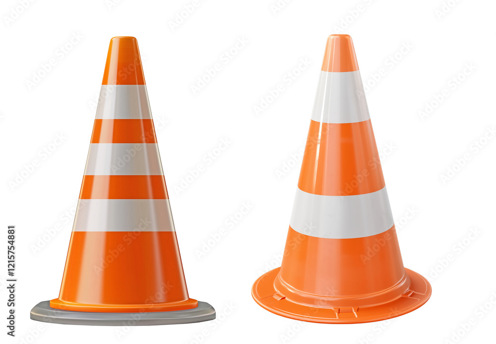 High-detail orange traffic cones with white stripes on transparent background for safety, construction, or roadwork themes High-detail orange traffic cones with white stripes on transparent background for safety, construction, or roadwork themes