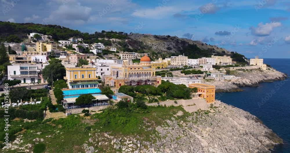 Moresque Architecture Of Palazzo Sticchi In Santa Cesarea Terme, Puglia Italy. Aerial Drone Shot