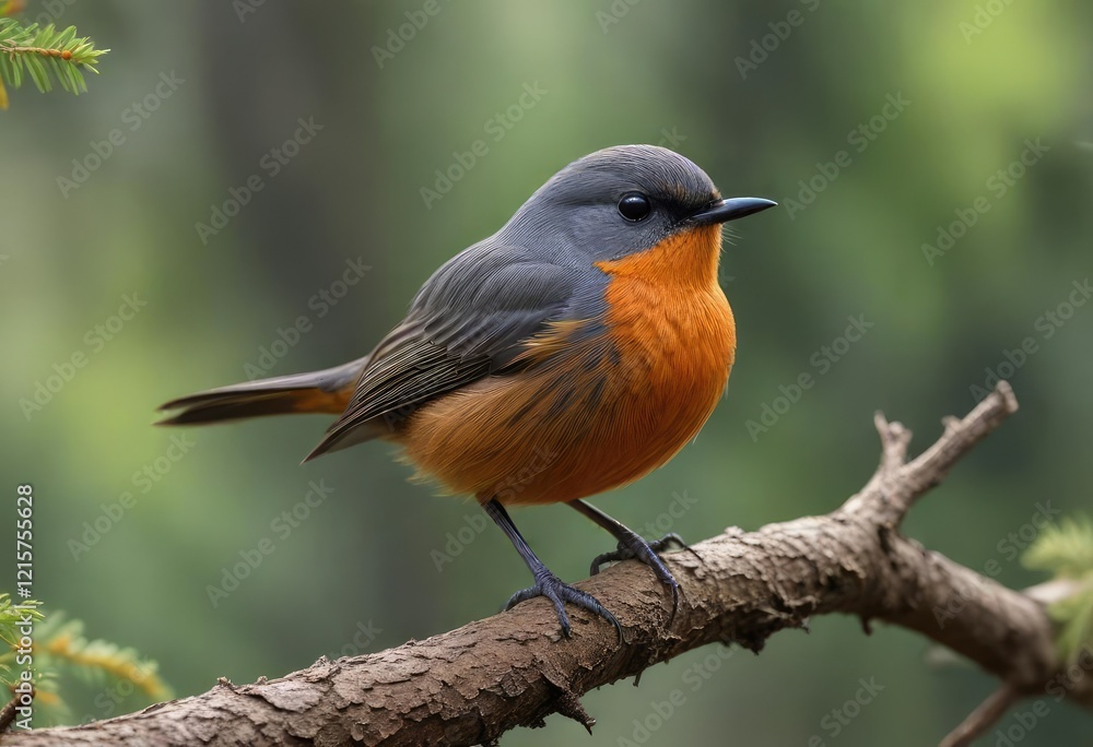 Black redstart perched on a branch in the forest, with blurred background, ornithology, black redstart, phoenicurus ochruros Black redstart perched on a branch in the forest, with blurred background, ornithology, black redstart, phoenicurus ochruros