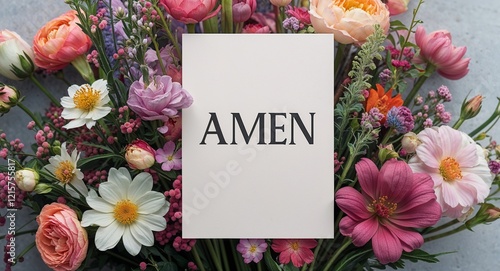 amen lettering on plain white card on bouquet of flowers background