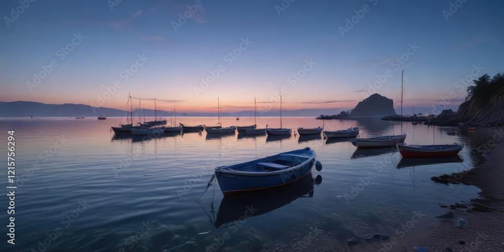 Fototapeta premium blue hour at the seaside with calm water and boats, peaceful, tranquility