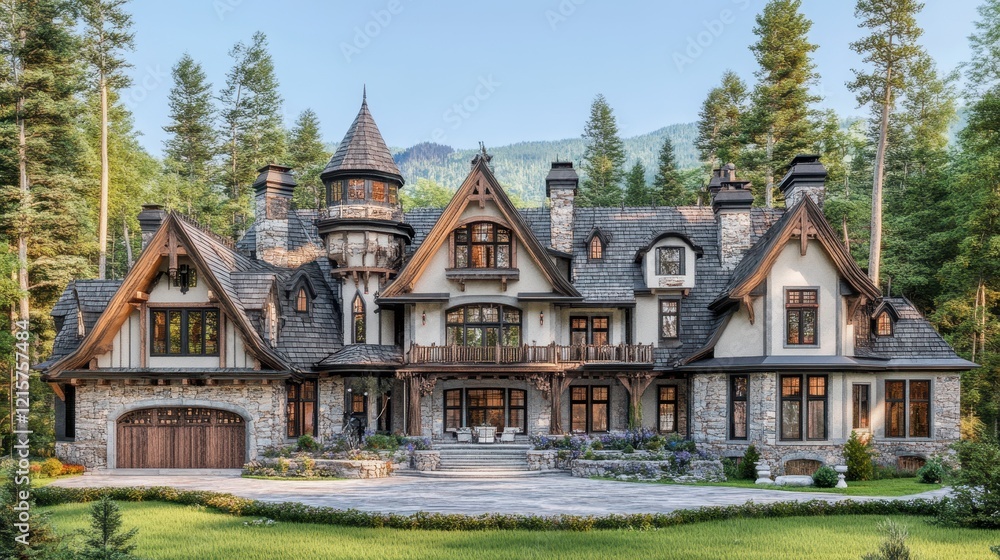 Majestic Stone Mansion nestled in a lush green forest Majestic Stone Mansion nestled in a lush green forest