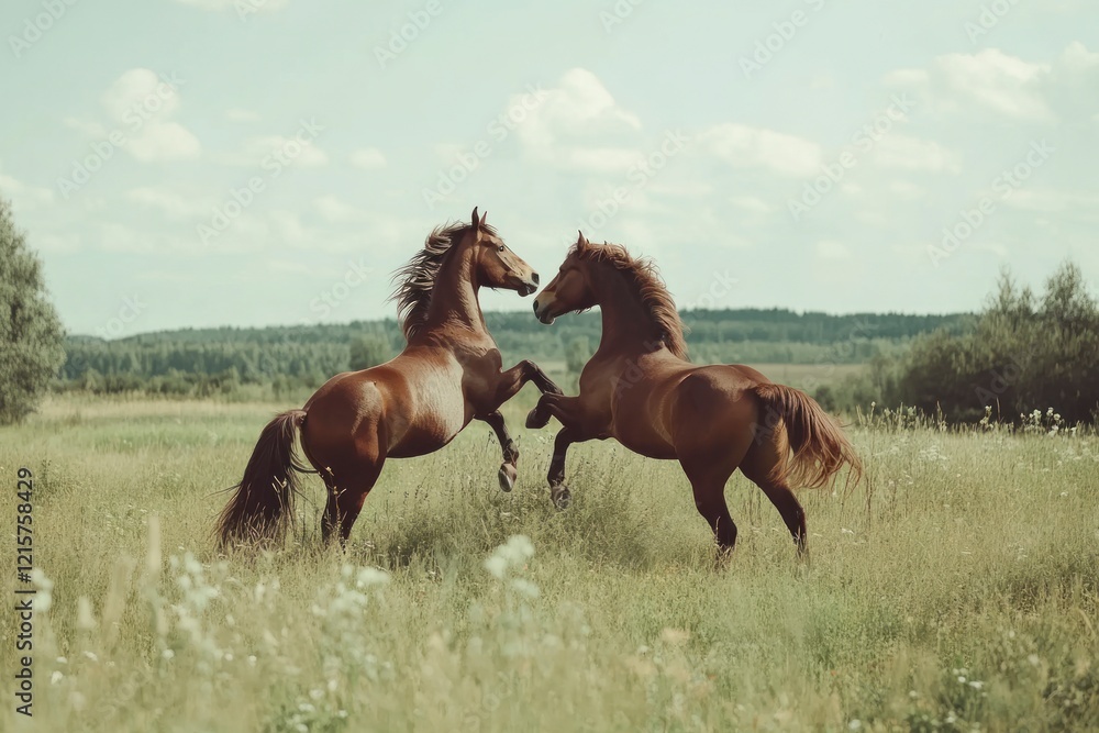 Obraz premium Two Brown Horses Playing in Summer Field