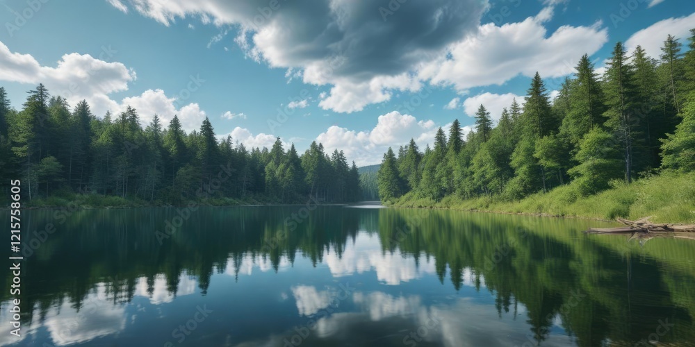 Fototapeta premium Calm lake with a blue water surface reflected in trees on the horizon amidst green forest foliage under cloudy sky and blue sky background, calm waters, forest landscape
