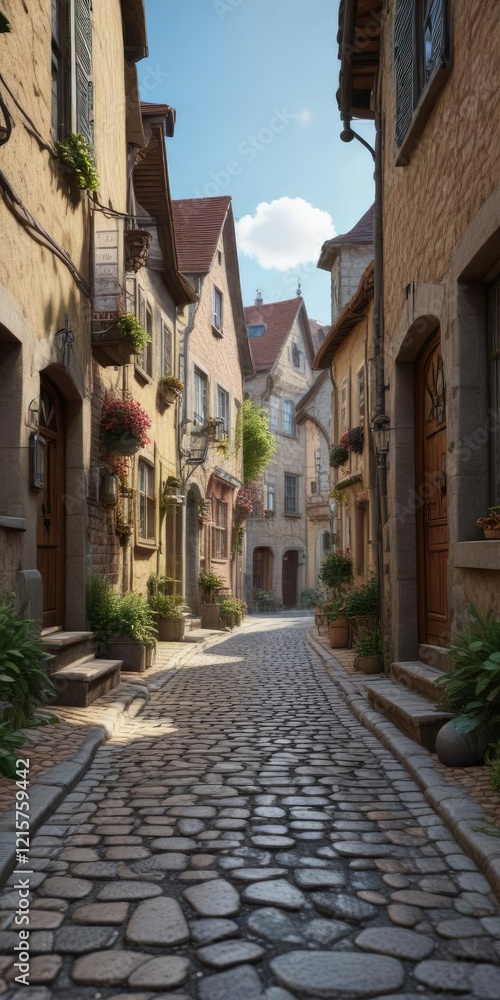 Charming cobblestone street in a quaint European village, historic, vlog Charming cobblestone street in a quaint European village, historic, vlog