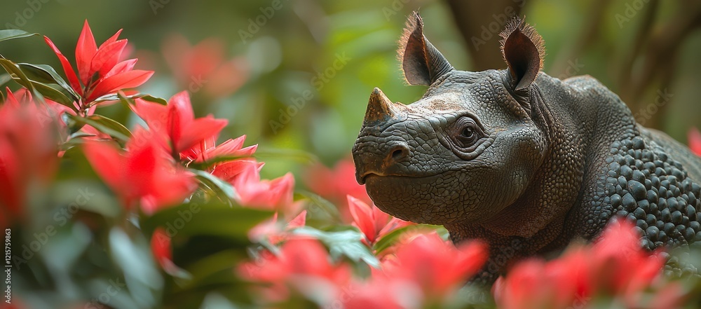 Young rhino amidst red flowers, jungle background, wildlife conservation Young rhino amidst red flowers, jungle background, wildlife conservation