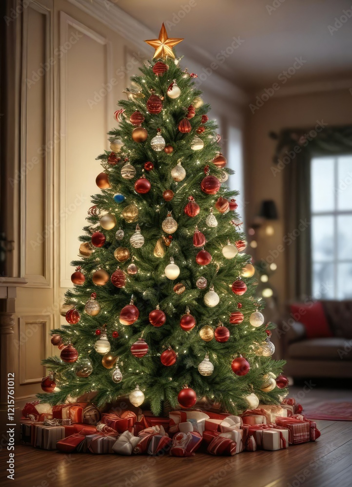 Christmas tree decorated with ornaments and lights, festive decor, christmas tree Christmas tree decorated with ornaments and lights, festive decor, christmas tree
