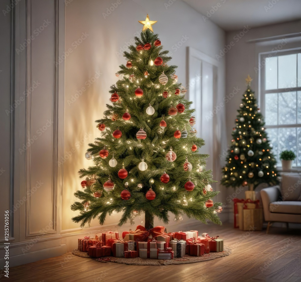 Christmas tree decorated with ornaments and lights, seasonal decor, holiday cheer, lights Christmas tree decorated with ornaments and lights, seasonal decor, holiday cheer, lights