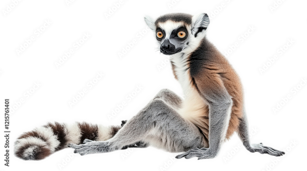 lemur sitting in a relaxed pose. showcasing its distinctive features such as large eyes and a bushy tail the background is plain white. emphasizing the animal's unique appearance and characteristics t lemur sitting in a relaxed pose. showcasing its distinctive features such as large eyes and a bushy tail the background is plain white. emphasizing the animal's unique appearance and characteristics t