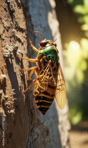 Cicada Cicadetta pellosoma in the summer sunlight , outdoor lighting, insect biology photo