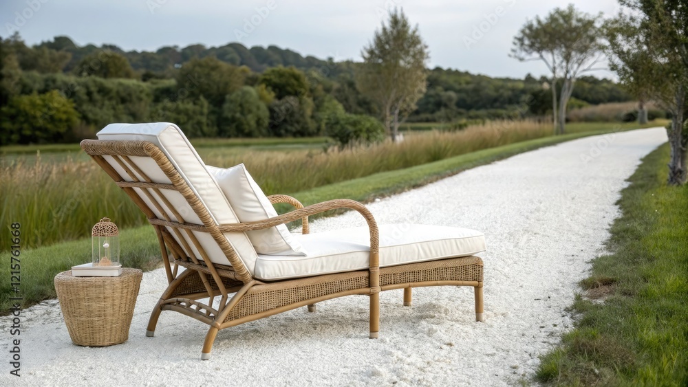 Classic wicker deck chair with a soft white cushions sitting alone on a clean white gravel path leading to nature, wicker furniture, scenic views, relaxation, white path, outdoor seating Classic wicker deck chair with a soft white cushions sitting alone on a clean white gravel path leading to nature, wicker furniture, scenic views, relaxation, white path, outdoor seating
