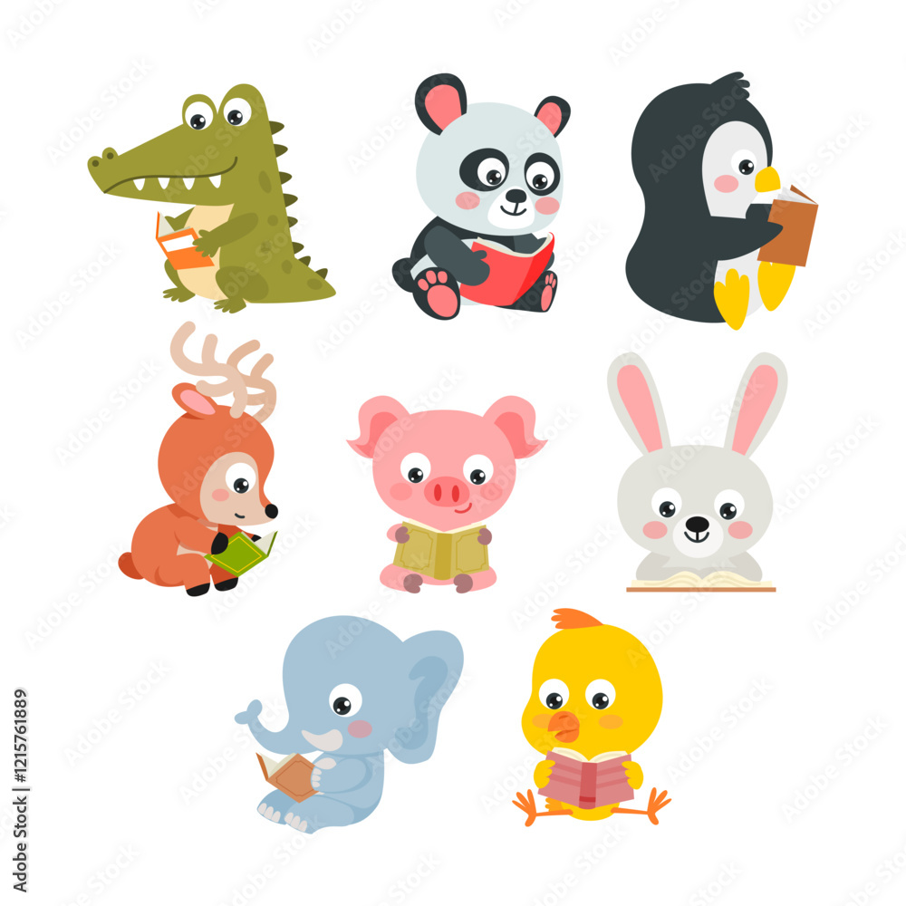 Naklejka premium Set of cute baby animal reading book collection, Cartoon funny characters holding open books, smart crocodile, panda, penguin, deer, pig, rabbit, elephant, chick. Children educational illustration