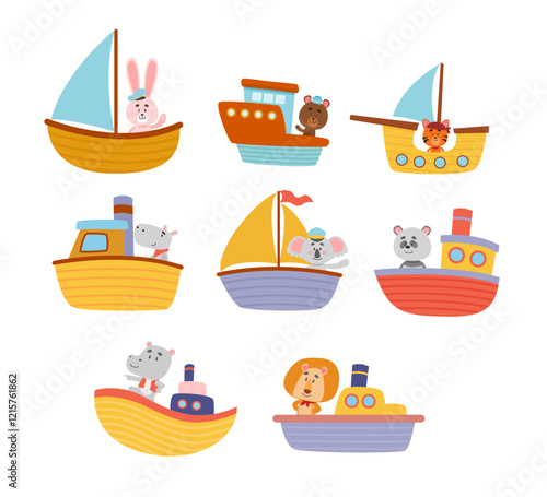 Set of cute baby animals boating collection, Funny cartoon animal on boat ship yacht submarine. Captain Ocean adventures, sailing characters in costumes with rabbit, bear, lion, koala, panda, rhino.