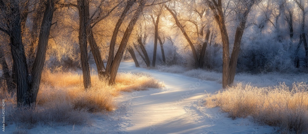 A serene winter landscape with golden light illuminating frost covered trees A serene winter landscape with golden light illuminating frost covered trees