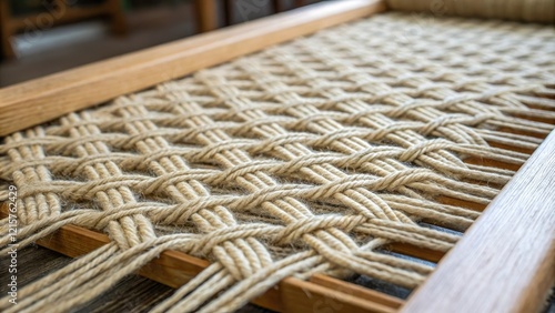 Close-up of a Nordic woven fabric showcasing the intricate knotting technique and natural fibers used, close-up photography, natural fibers, textile close-up photo