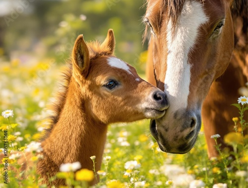 Close up of a young foal nuzzling its mother in a sunny field, bond, sunny photo