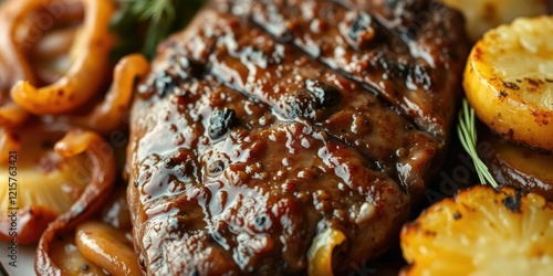 Close-up of juicy grilled steak with caramelized onions and roasted potatoes, savory flavors, meaty texture, roasted potatoes photo